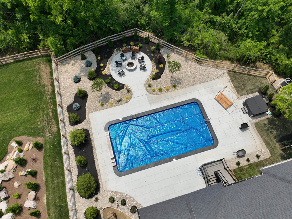 Aerial photo of a pool landscaping project in Cincinnati, Ohio by Upscale Lawncare
