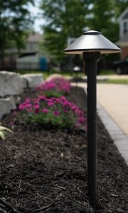 photo of landscape lighting installation by upscale lawncare. Path light fixture