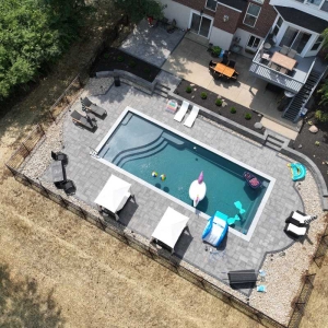 Aerial photo of a pool landscaping project by Upscale in Liberty Township, Ohio