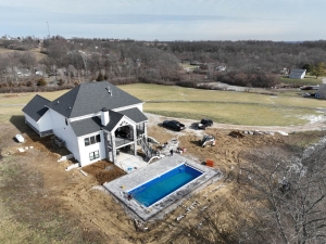 Aerial photo of pool landscaping project in Hamilton, Ohio by Upscale Lawncare