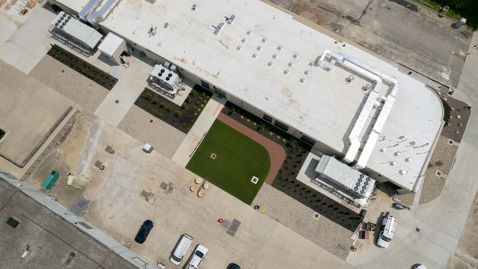 Drone image of commercial landscaping for the second phase of the ADM WILD Flavors project.